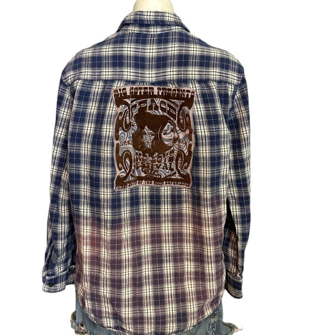 60s Rock Festival Plaid Flannel Shirt Shacket MEDIUM Oversize One of Kind Purple